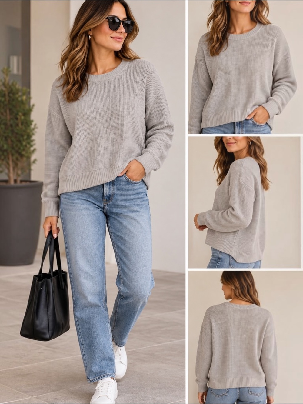 Cyrus Women’s Waffle Knit Crewneck Sweater Gray Size L Relaxed Drop Shoulder